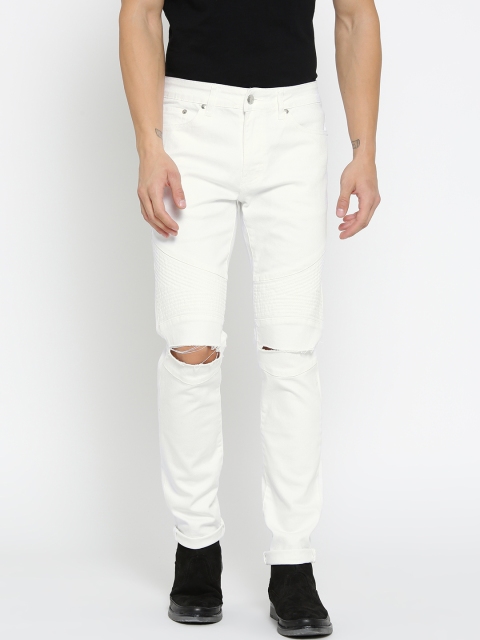 

FOREVER 21 Men White Slim Fit Mid-Rise Slash Knee Stretchable Jeans