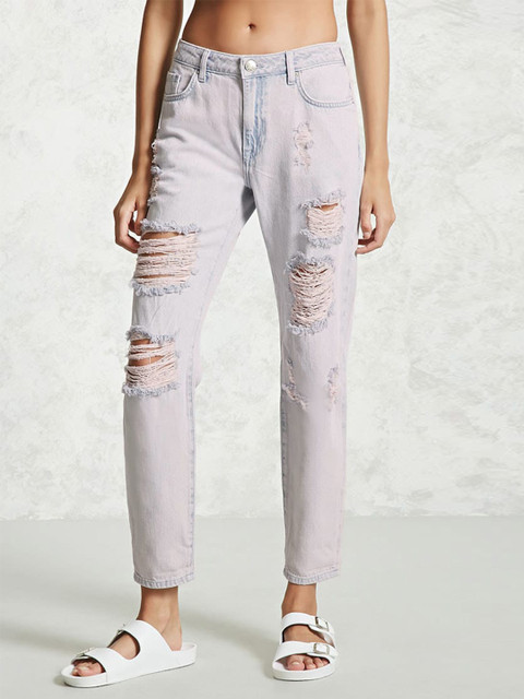 

FOREVER 21 Women Pink Regular Fit High-Rise Highly Distressed Jeans