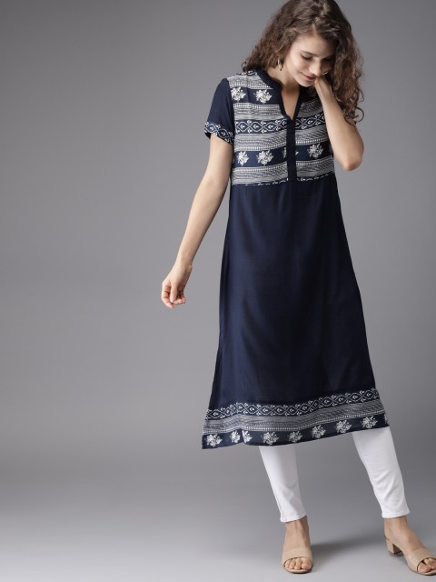 

Moda Rapido Women Navy Blue & White Printed A-Line Kurta