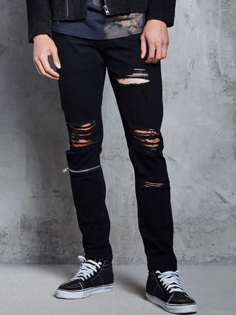 

FOREVER 21 Men Black Mid-Rise Mildly Distressed Jeans