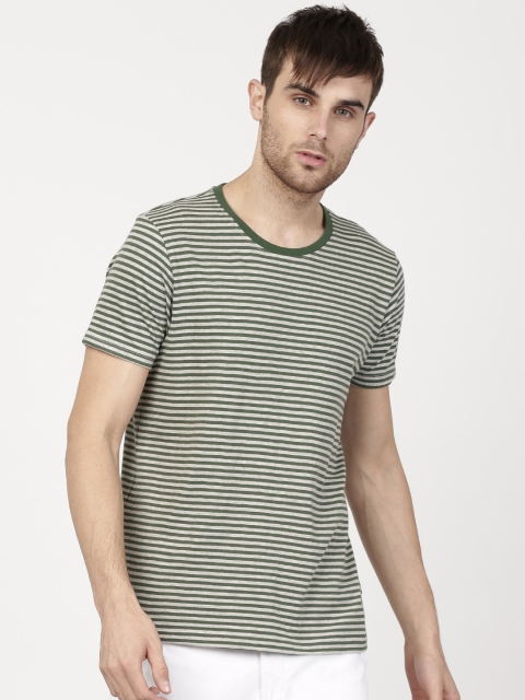 

ether Men Green & Grey Striped Round Neck T-shirt