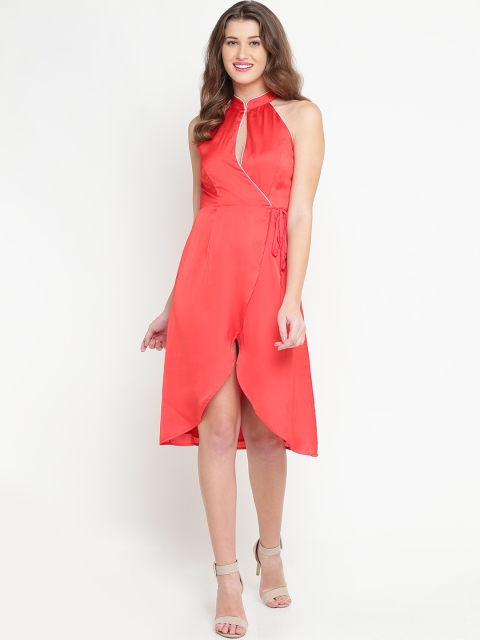 

FOREVER 21 Women Red Solid Satin Finish Wrap Dress