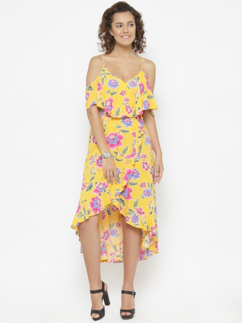 

FOREVER 21 Women Yellow Floral Print A-Line Midi Dress