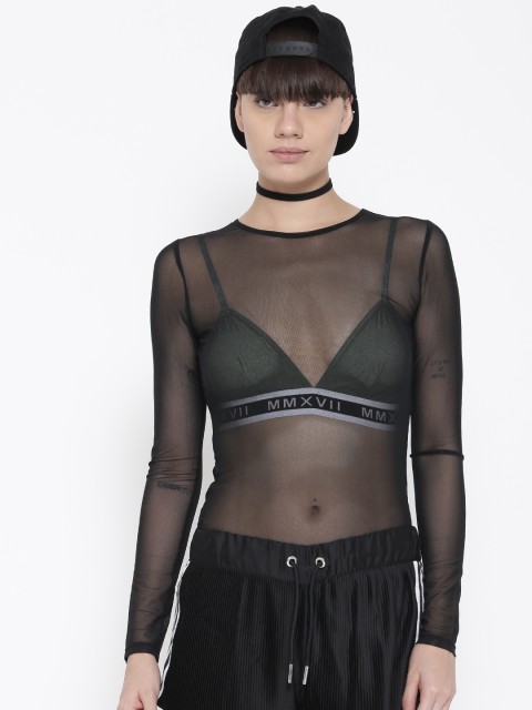

FOREVER 21 Women Black Solid Sheer Fitted Top
