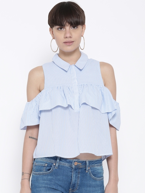 

FOREVER 21 Women Blue Striped Shirt Style Top
