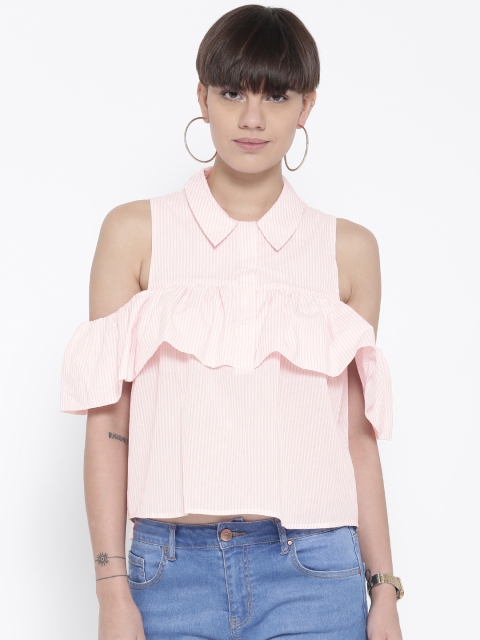 

FOREVER 21 Women Pink Striped Shirt Style Pure Cotton Top