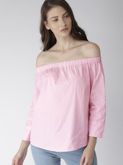 

FOREVER 21 Women Pink & White Striped Bardot Top