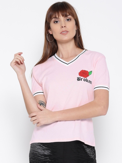 

FOREVER 21 Women Pink Solid V-Neck T-shirt