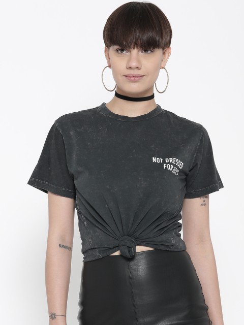 

FOREVER 21 Women Black Solid Round Neck T-shirt