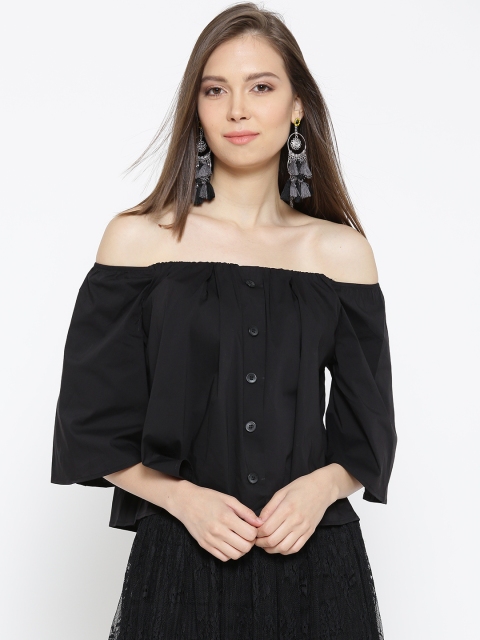 

FOREVER 21 Women Black Solid Bardot Top