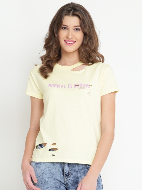 

FOREVER 21 Women Yellow Printed Cut-Out Top