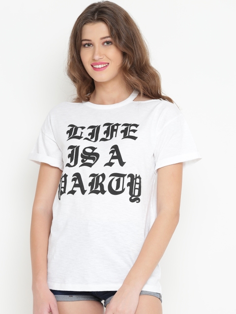 

FOREVER 21 Women White Printed Round Neck T-shirt