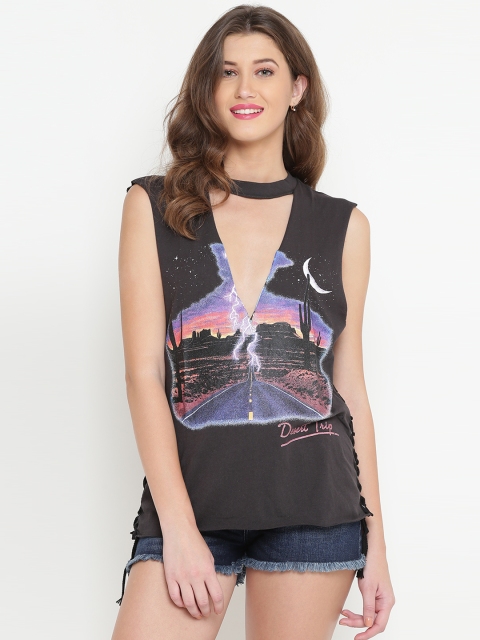 

FOREVER 21 Women Charcoal Grey Printed Styled Back Top