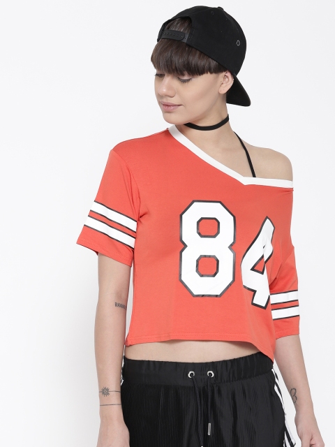

FOREVER 21 Women Orange Printed V-Neck T-shirt