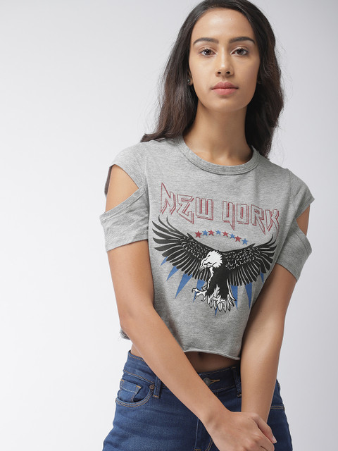 

FOREVER 21 Women Grey Melange Printed Cropped Top