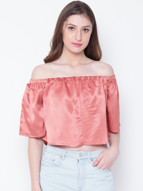 

FOREVER 21 Women Rust Orange Solid Crop Bardot Top