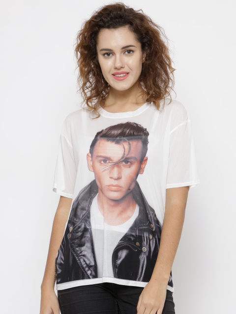 

FOREVER 21 Women White Johnny Depp Print Sheer Top