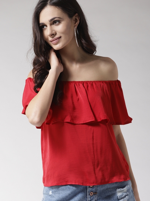 

FOREVER 21 Women Red Solid Layered Bardot Top