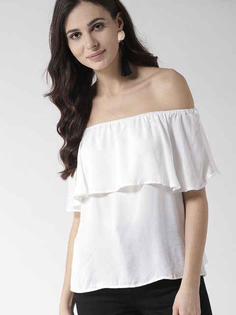 

FOREVER 21 Women Off-White Solid Bardot Top