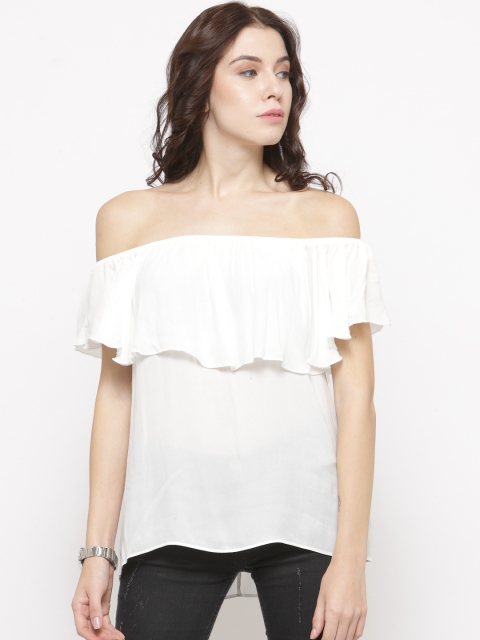 

FOREVER 21 Women White Solid Layered Bardot Top