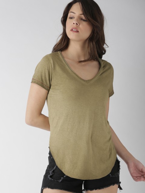 

FOREVER 21 Women Olive Green Solid V-Neck T-shirt