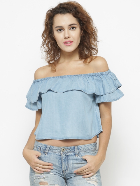 

FOREVER 21 Women Blue Solid Chambray Crop Bardot Top