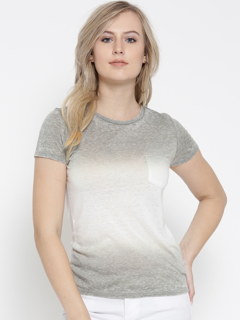 

FOREVER 21 Women Grey & Off-White Dyed Round Neck T-shirt