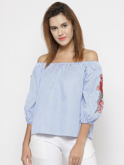 

FOREVER 21 Women Blue & White Striped Bardot Top
