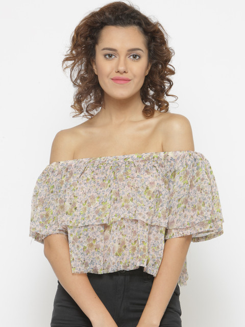 

FOREVER 21 Women Dusty Pink & Grey Printed Bardot Top