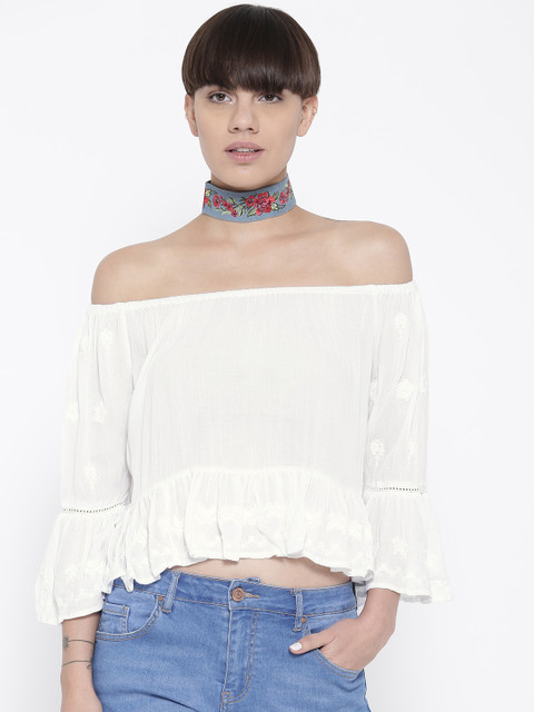 

FOREVER 21 Women White Solid Bardot Top
