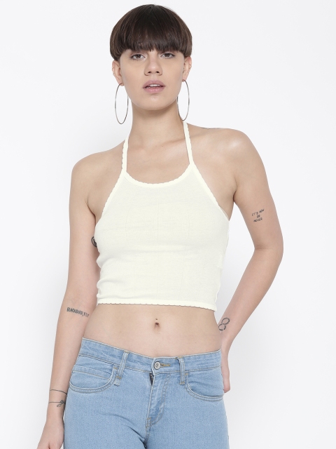 

FOREVER 21 Women Off-White Solid Crop Fitted Top