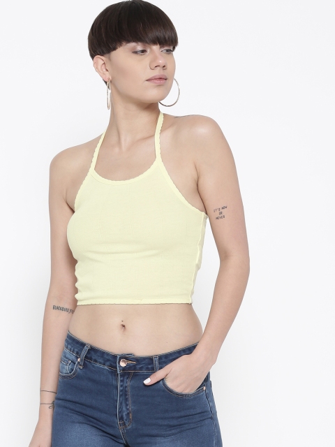 

FOREVER 21 Women Yellow Solid Halter-Neck Crop Fitted Top