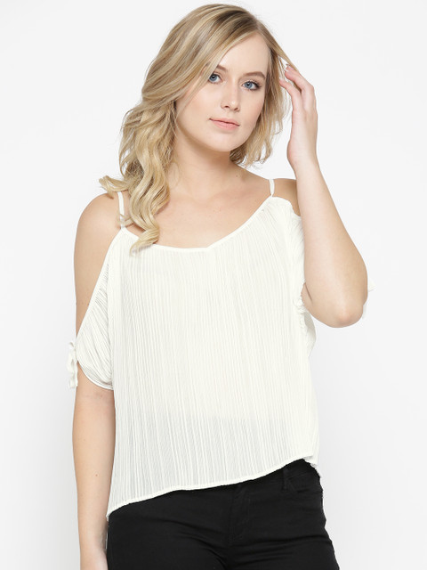 

FOREVER 21 Women White Accordion Pleats Solid Semi-Sheer Top