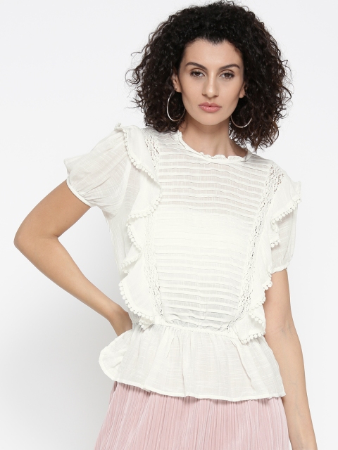 

FOREVER 21 Women White Solid Cinched Waist Top with Tucks