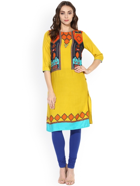 

Juniper Women Yellow Printed Straight Kurta
