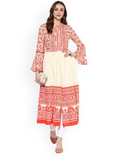 

Juniper Women Orange & Off-White Printed Anarkali Kurta