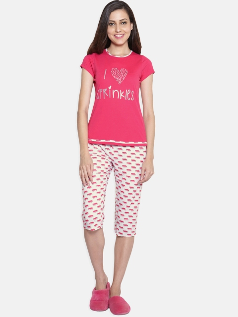 

Sweet Dreams Women 3 Piece Pink & White Printed Night suit