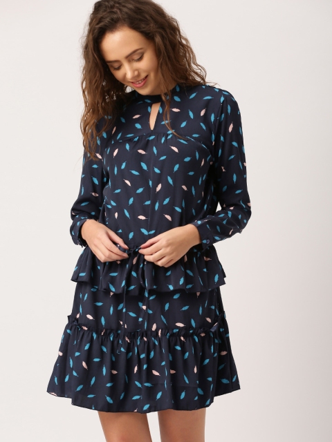 

DressBerry Women Navy Printed Fit and Flare Dress, Navy blue