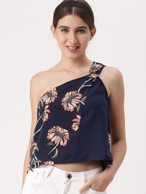 

DressBerry Women Navy Floral Print One Shoulder Crop Top, Navy blue