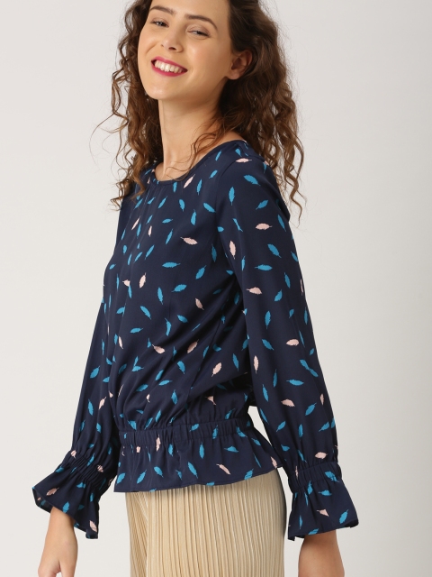 

DressBerry Women Navy Printed Cinched Waist Top, Navy blue