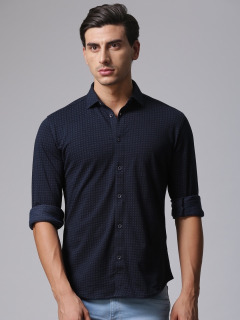

YWC Men Navy Blue Slim Fit Self Design Casual Shirt