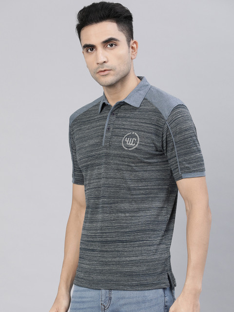 

YWC Men Navy Blue Striped Polo Collar T-shirt