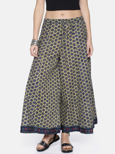 

Biba Women Olive Green & Navy Blue Printed Flared Palazzos