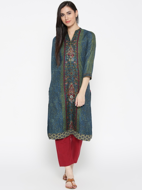 

Biba Women Blue & Green Printed Straight Kurta