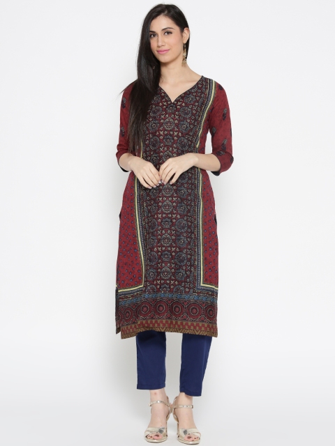 

Biba Women Maroon & Navy Printed Straight Kurta