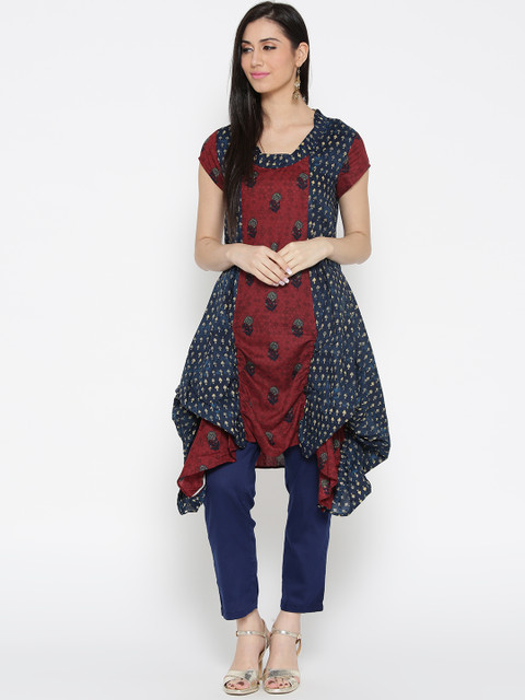 

Biba Women Navy & Maroon Printed A-Line Asymmetric Kurta, Navy blue