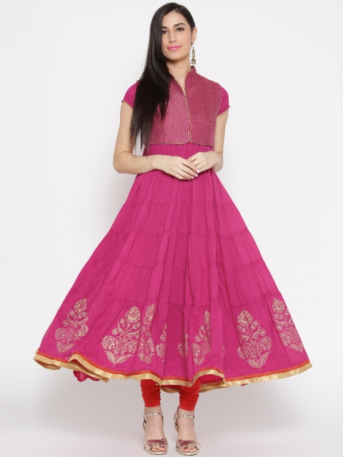 

Biba Women Pink Printed Detail Anarkali Kurta with Ethnic Waistcoat