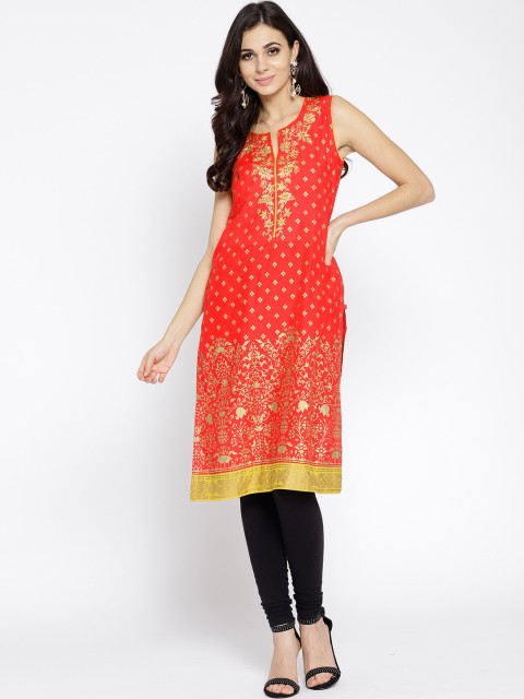 

Biba Women Orange & Golden Printed Straight Kurta