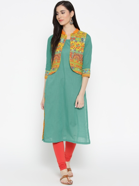 

Biba Women Green & Yellow Printed Straight Kurta with Printed Jacket