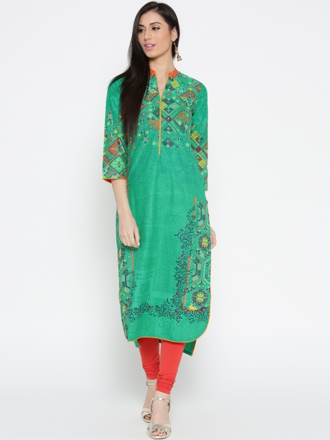 

Biba Women Green Printed Straight Kurta